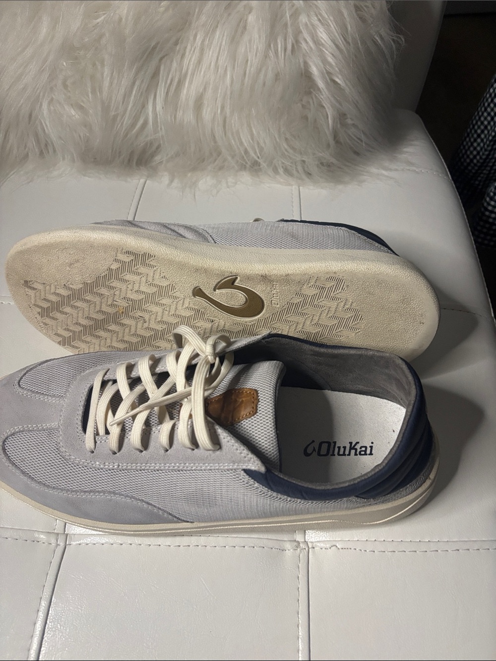 OluKai Men's Low-Top Sneakers in Light Gray with Cream Sole and Navy Heel - Picture 6 of 13